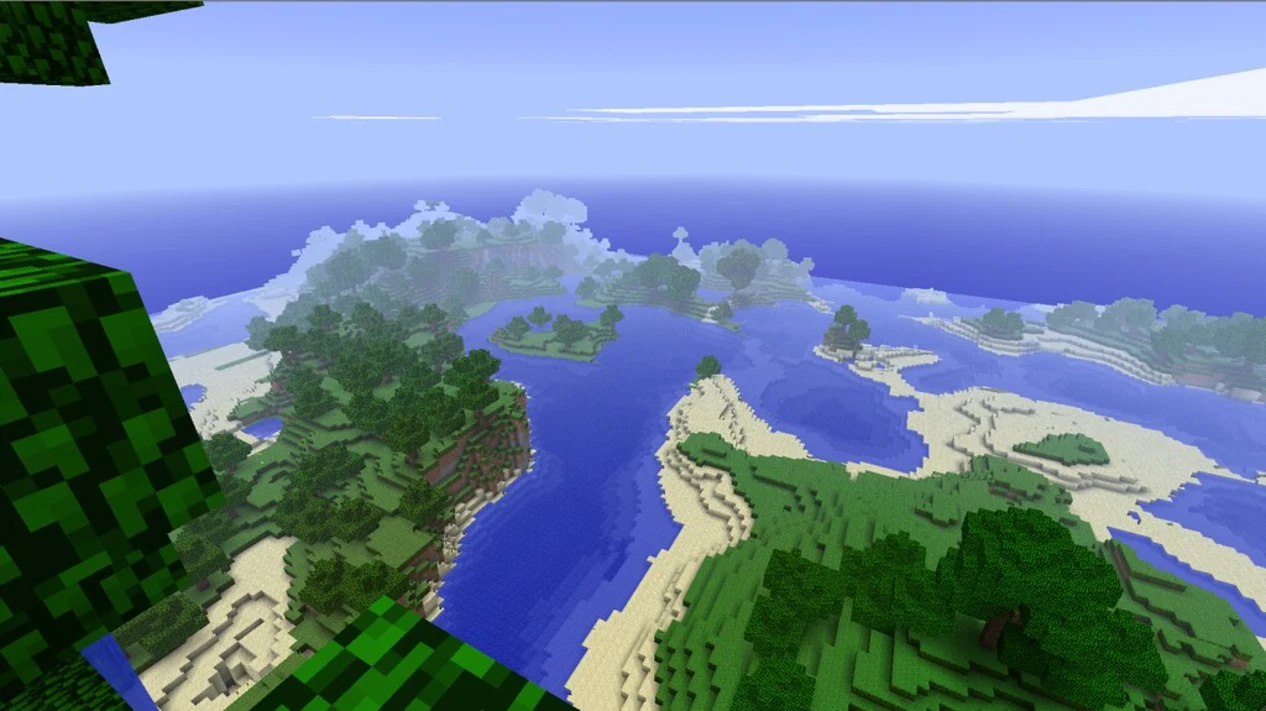 A Minecraft forest with a river seen from above