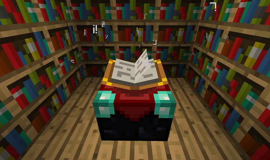 An enchanting table surrounded by bookshelves in Minecraft