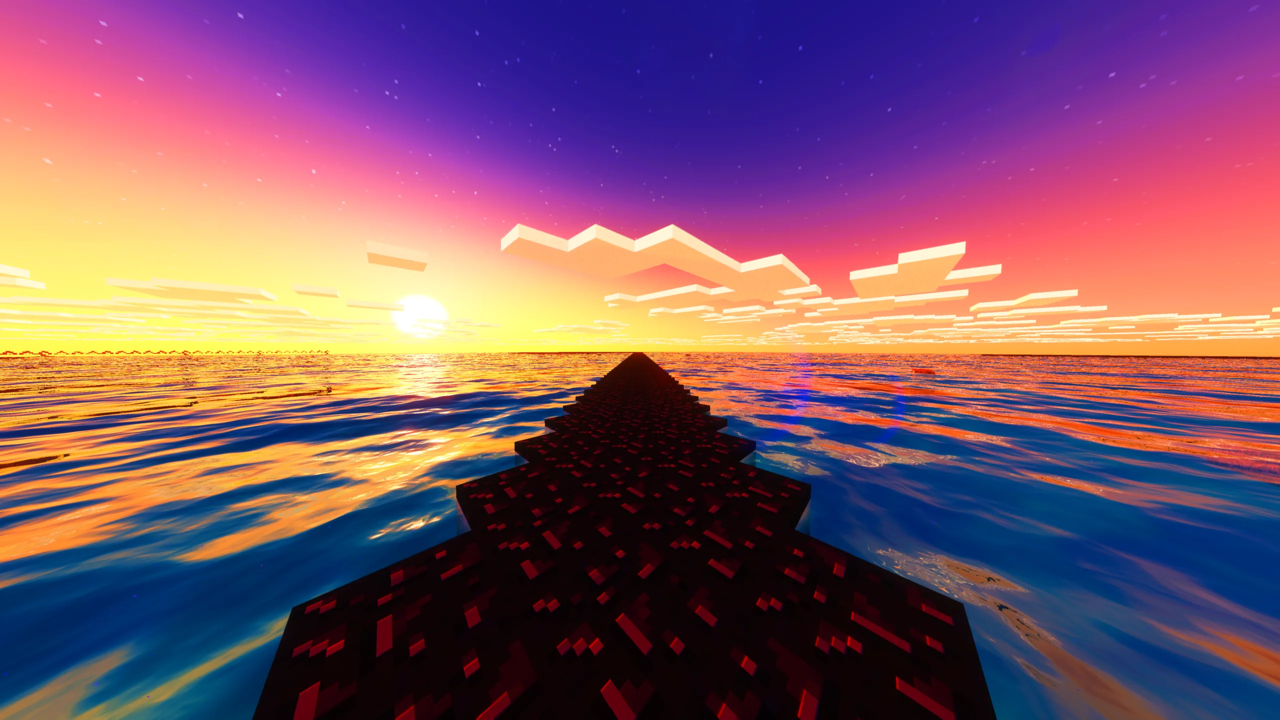 Real Minecraft gameplay in 4K: a diagonal obsidian bridge over the ocean at sunset