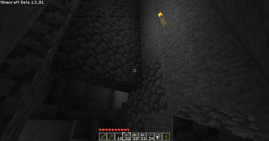 Inside a mineshaft cave in Minecraft